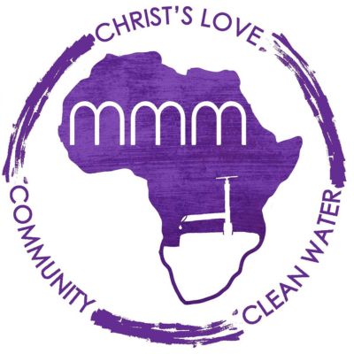 Africa outline in purple with well pump on the inside. circled with the words "Christ's Love, Community, and Clean Water"