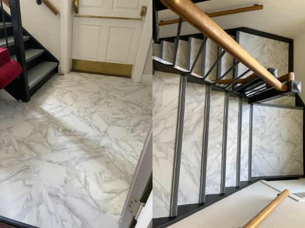 new white and gold flecked flooring on the stairwells at the church