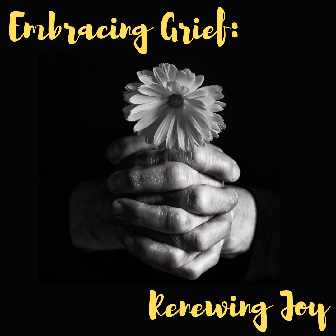 picture of hands clasped together holding a white daisy flower with the words
