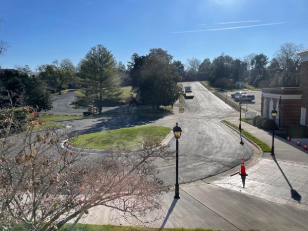 newly paved church driveway and circle in the winter sunlight