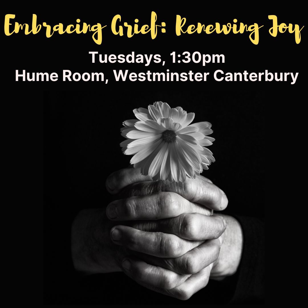 two hands clasped together holding a flower with the words Embracing Grief: Renewing Joy