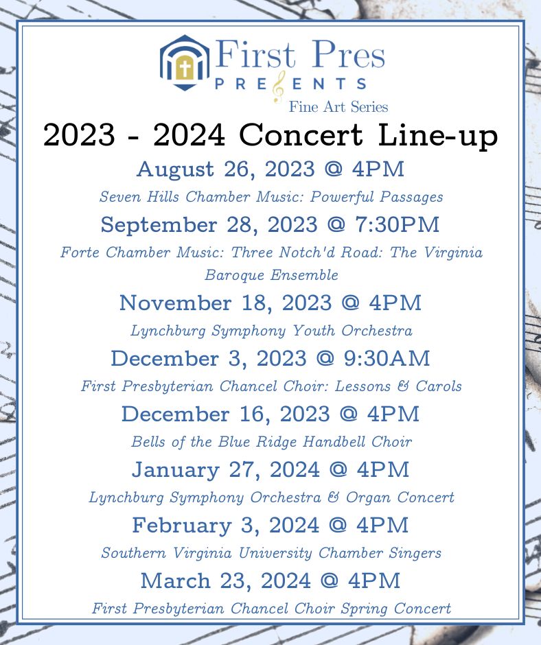 listing of 6 musical concerts for 2022 and 2023 on a background that looks like sheet music