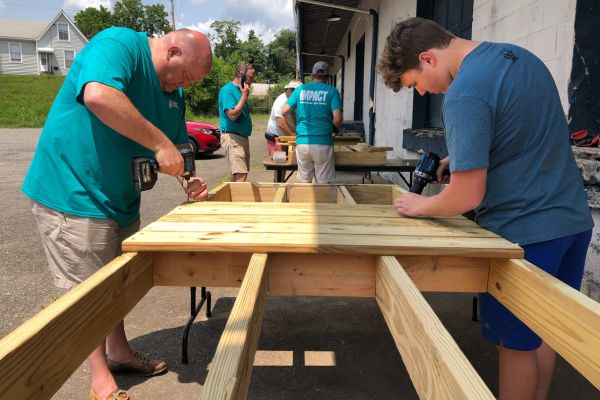 two men building a ramp for service and outreach project in Lynchburg community
