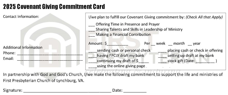 2025 Covenant Giving commitment card for time, talent, and treasure at First Presbyterian Church in Lynchburg, VA