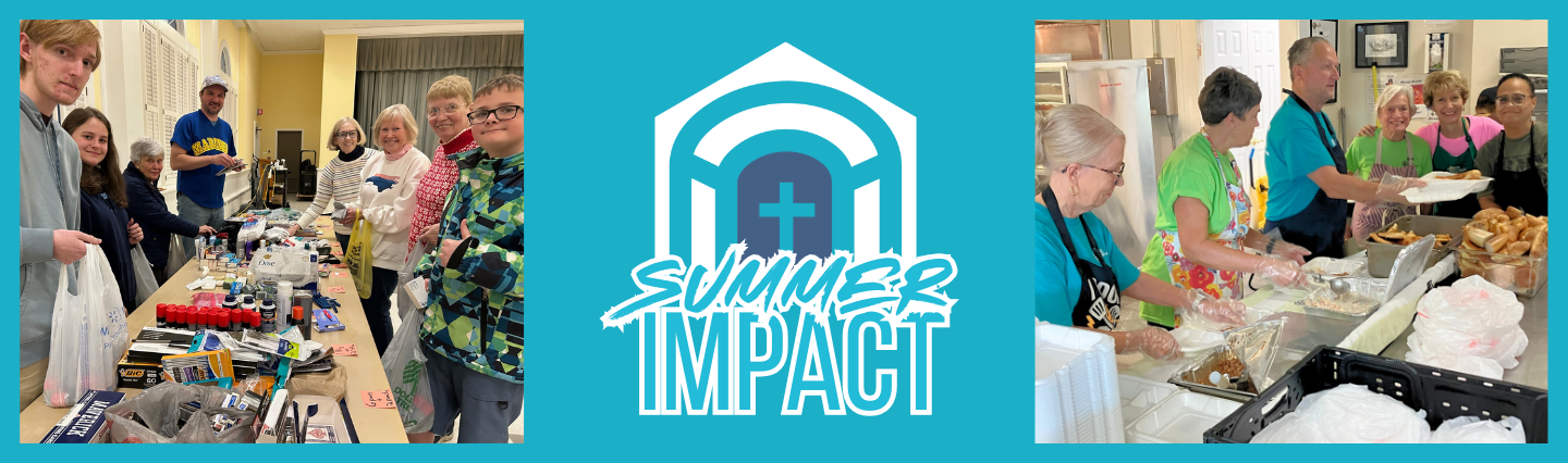 Summer Impact 2026 church logo and images of church members serving in the community