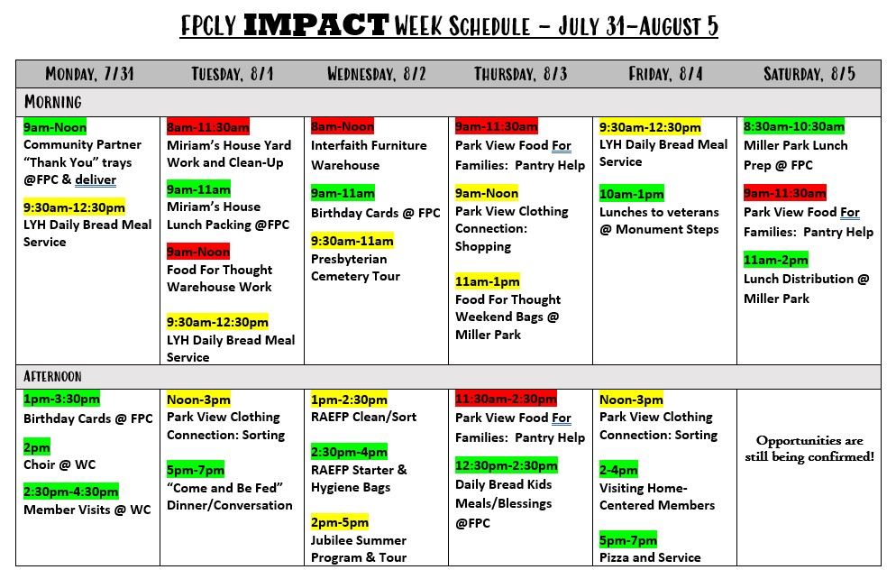 IMPACT week schedule image