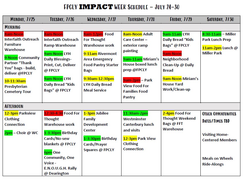 IMPACT week schedule