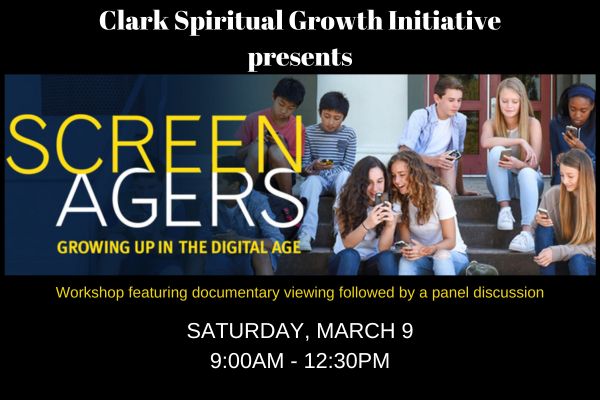 photo of kids on phones with the words "Screenagers: Growing Up in the Digital Age" and Saturday, March 9 at 9am
